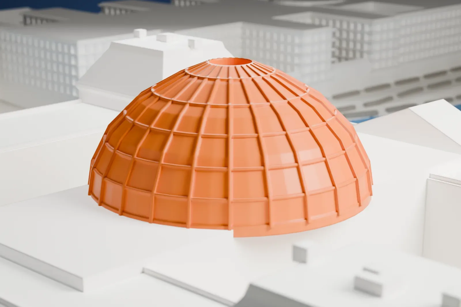 A white 3D print of the Reichstag, a wide building with four corner towers, a columned portico and a ribbed dome, beside a bend of a river, lawns and plazas in Berlin.