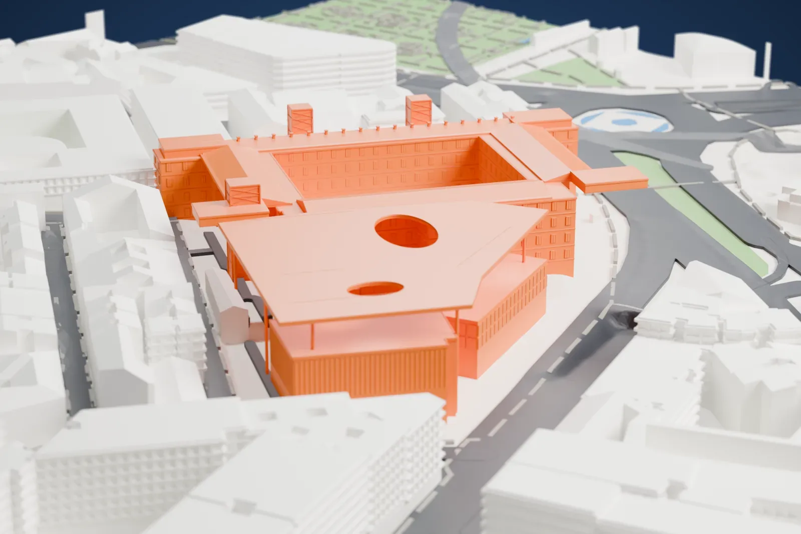 A white 3D print of Museo Reina Sofía, a large courtyard building with rows of small windows, tall narrow towers on its facade and a wide flat angular roof with an oval opening, among dense city blocks and roads.
