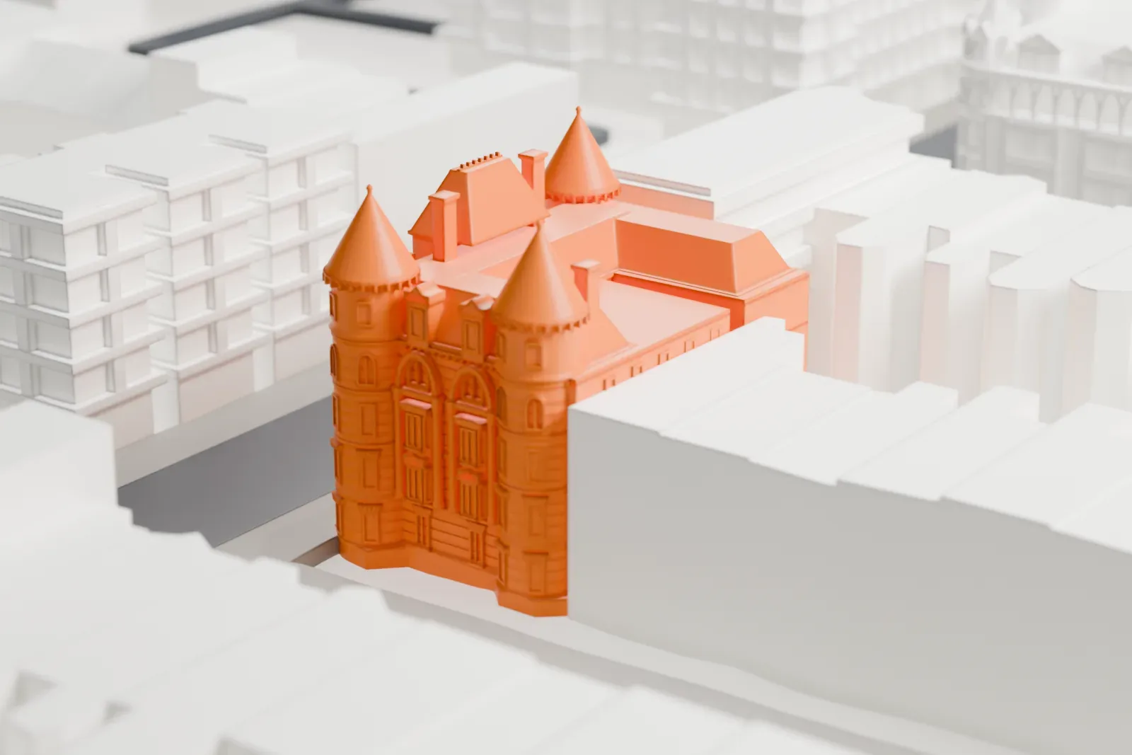 A white 3D print of Renaissance Apartments in Brooklyn, shown among the surrounding streets and buildings.
