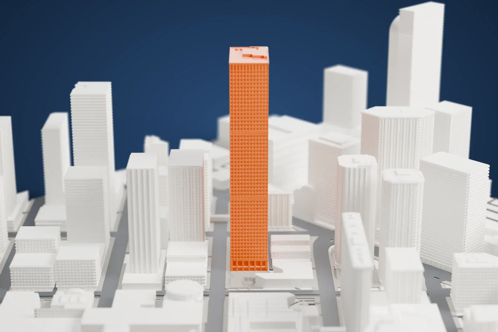 A white 3D print of Republic Plaza, a tall tower among the surrounding streets and buildings.