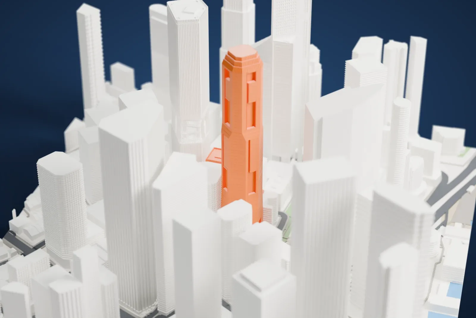 A white 3D print of Republic Plaza in Singapore, a tall tower with the surrounding streets and buildings around it.