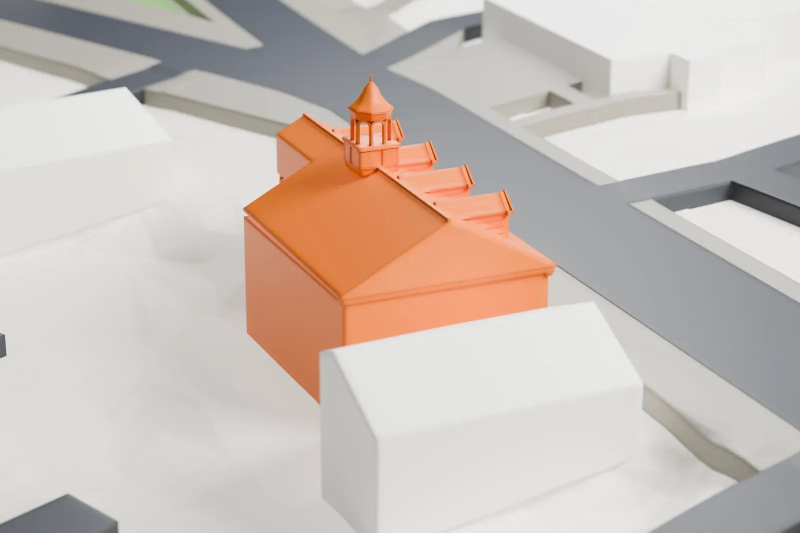 A white 3D print of the Rescue Hook & Ladder firehouse in Roslyn, shown among the surrounding streets and buildings.