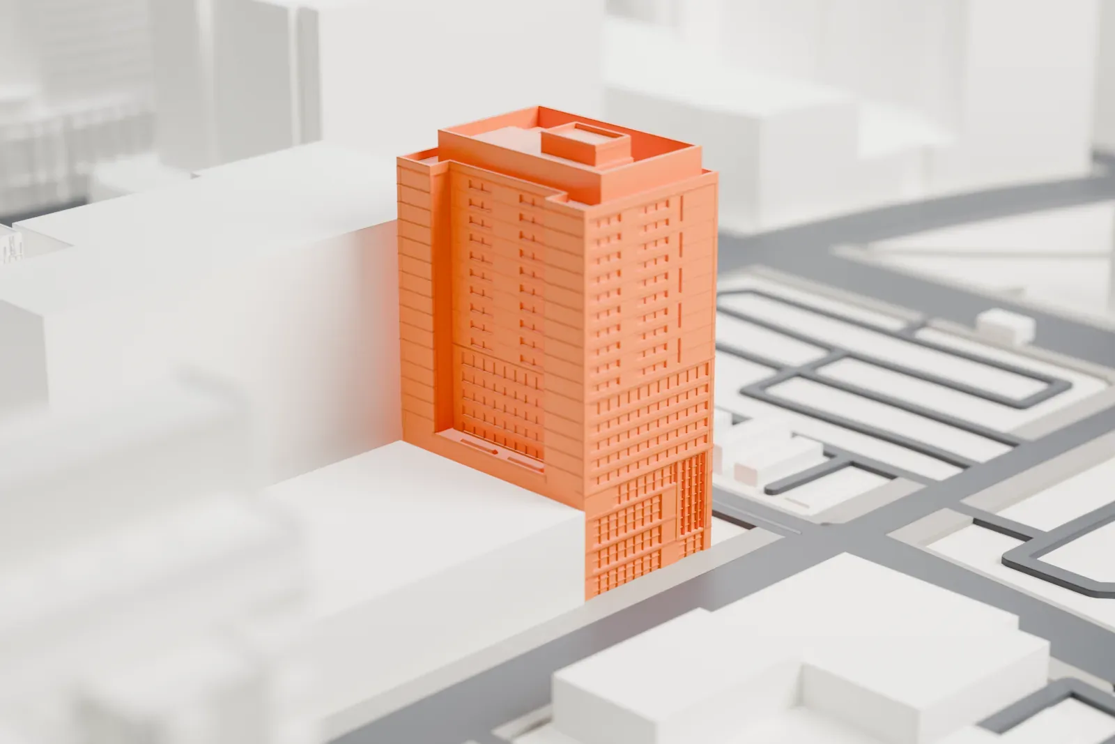 A white 3D print of the Residence Inn Phoenix Downtown, a tall hotel tower with a stepped crown and banded windows, among surrounding streets and buildings.