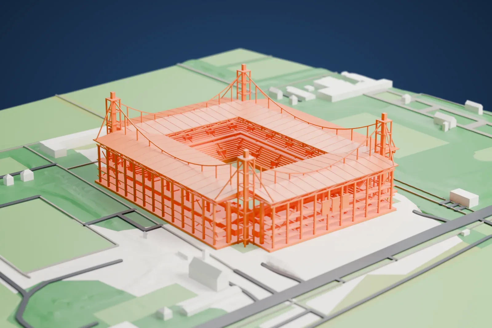 A white 3D print of the RheinEnergieStadion, a broad football bowl ringed by tiered stands, among surrounding streets and buildings.