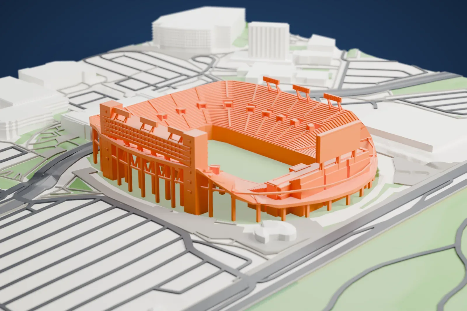 A white 3D print of Rice–Eccles Stadium, an open football bowl with a high glazed west box between two towers and floodlight banks above the rim, among campus buildings.