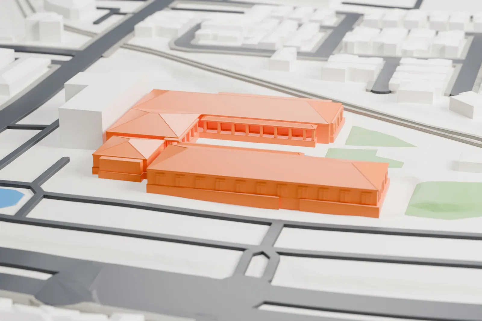 A white 3D print of the Richard Nixon Presidential Library and Museum, museum buildings on an open campus, among the surrounding streets and buildings of Yorba Linda.