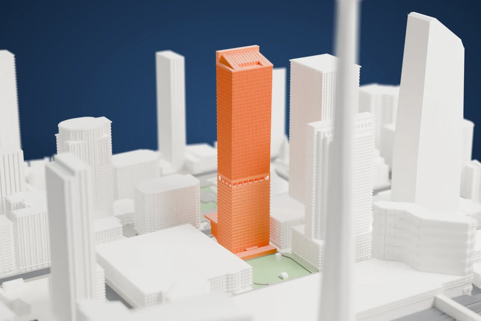 A white 3D print of the Ritz-Carlton Toronto, a tall tower rising among the surrounding streets and buildings.