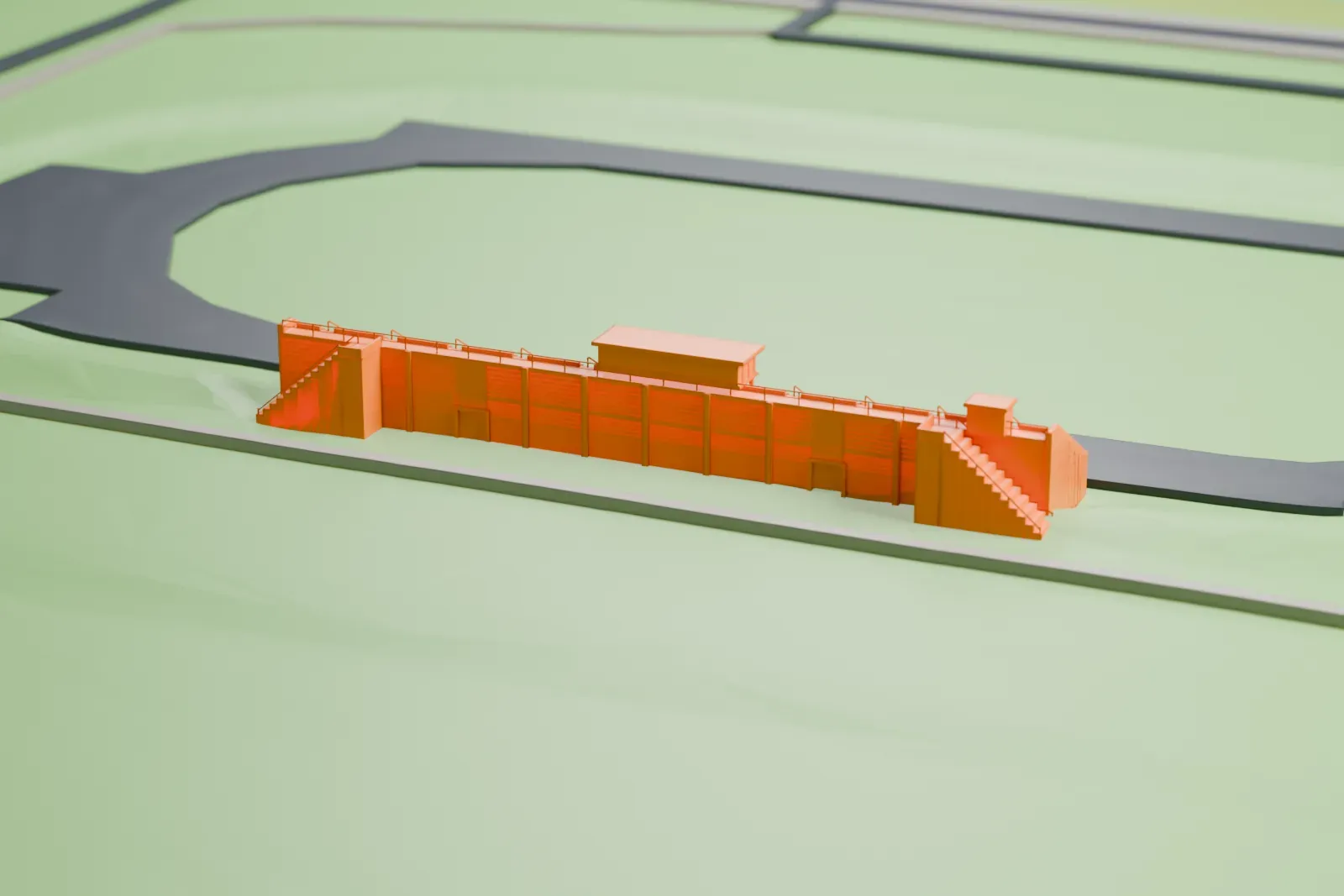 A white 3D print of Rob Ford Stadium, a small stadium with a field, among the surrounding streets and buildings.