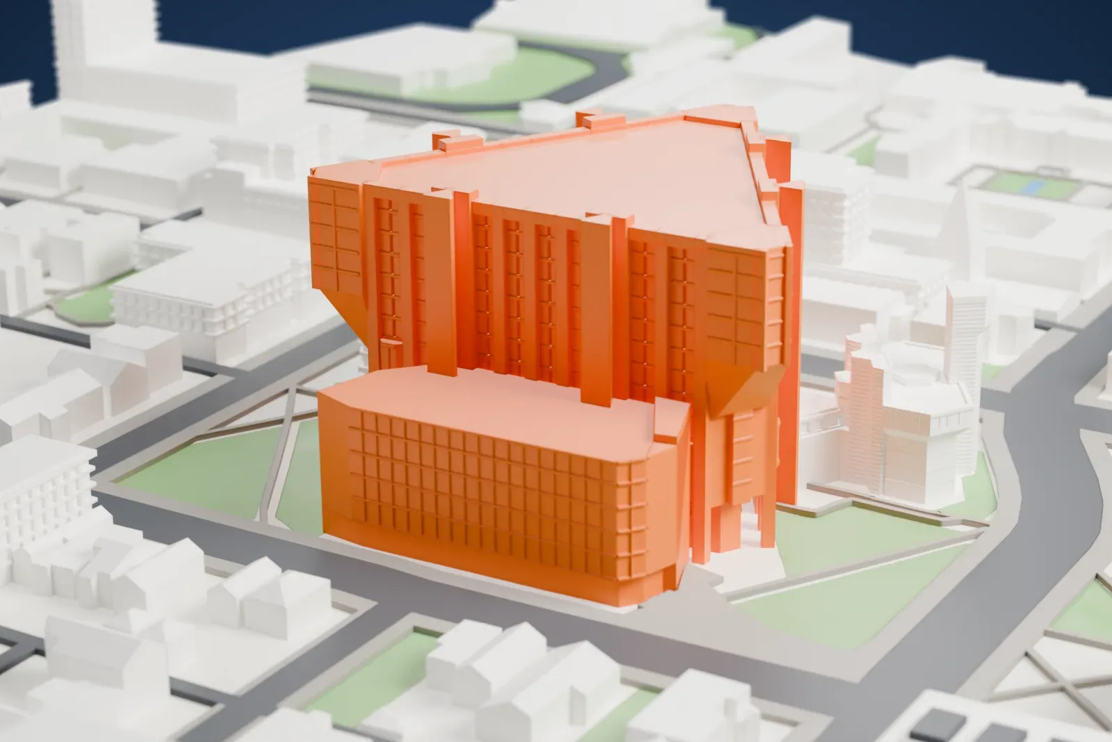 A white 3D print of Robarts Library, a Brutalist library tower in Toronto, set among the surrounding streets and buildings.