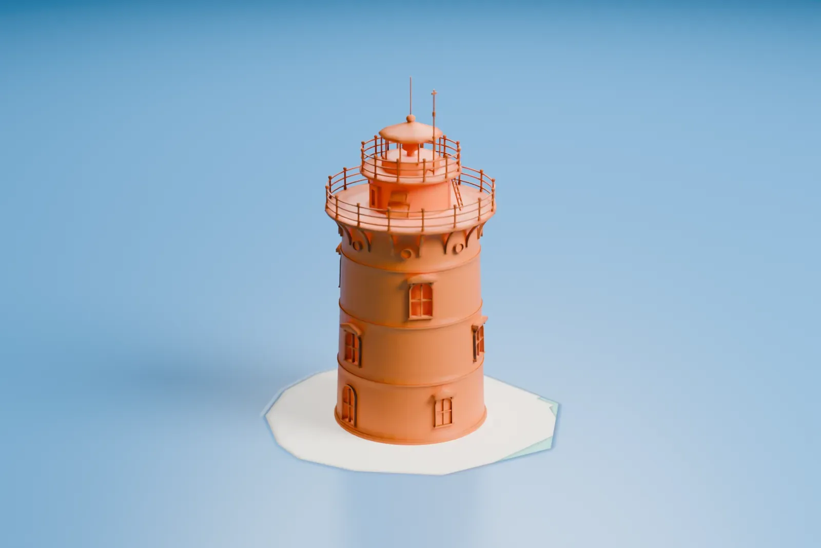 A white 3D print of Robbins Reef Light, a round tapered lighthouse with a railed gallery and a small lantern, standing on a small pale island surrounded by open water.