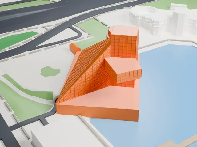Rock and Roll Hall of Fame model, North view
