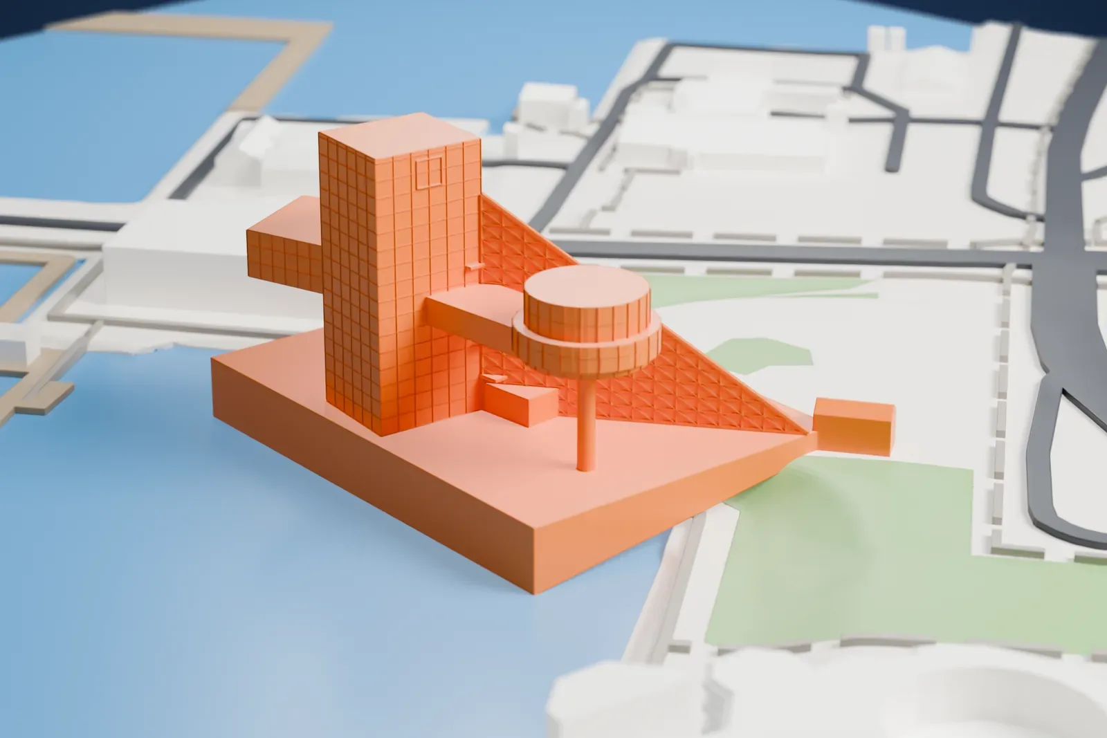A white 3D print of the Rock and Roll Hall of Fame on the Cleveland shoreline, with its glass pyramid, tower and jutting wing beside the water of Lake Erie and a small marina.