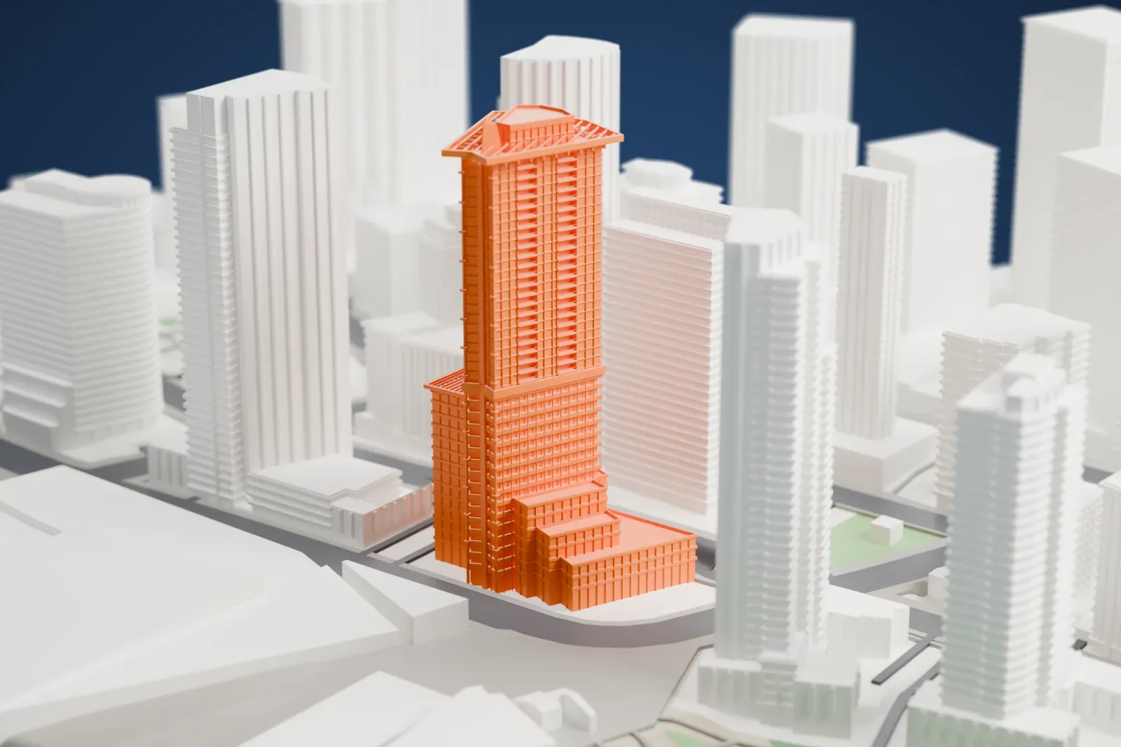 A white 3D print of Rogers Tower among the surrounding streets and buildings.