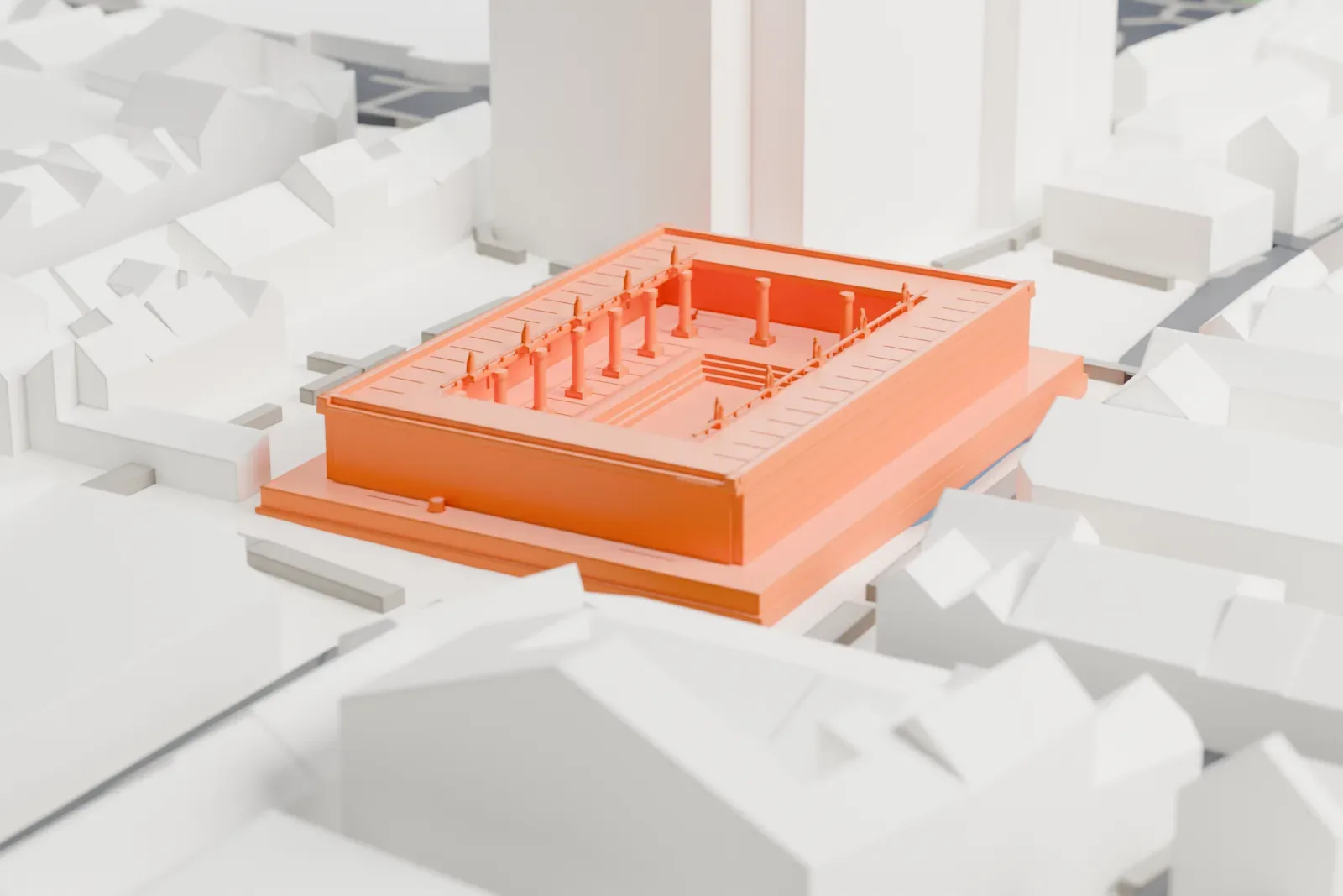 A white 3D print of the Roman Baths, a low rectangular terrace with rows of slender columns around a sunken pool, set among closely packed buildings with pitched roofs.