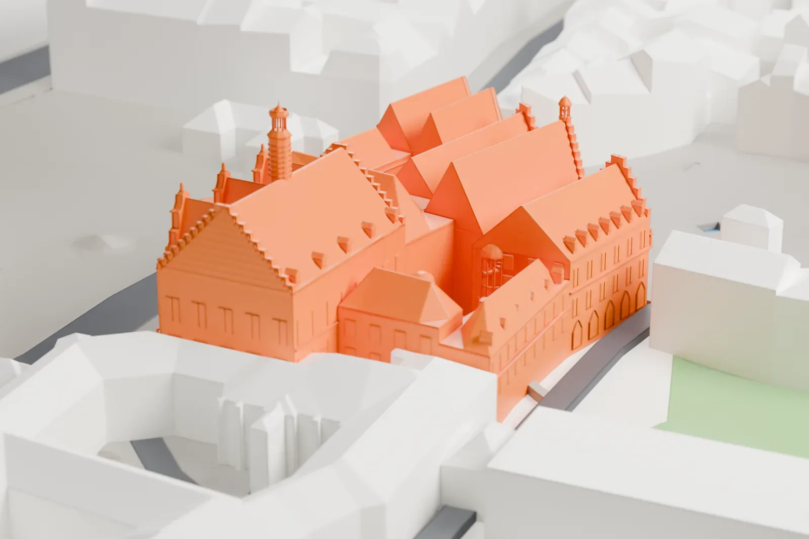A white 3D print of the Römer in Frankfurt, with its three-peaked facade facing the Römerberg plaza and surrounding streets.