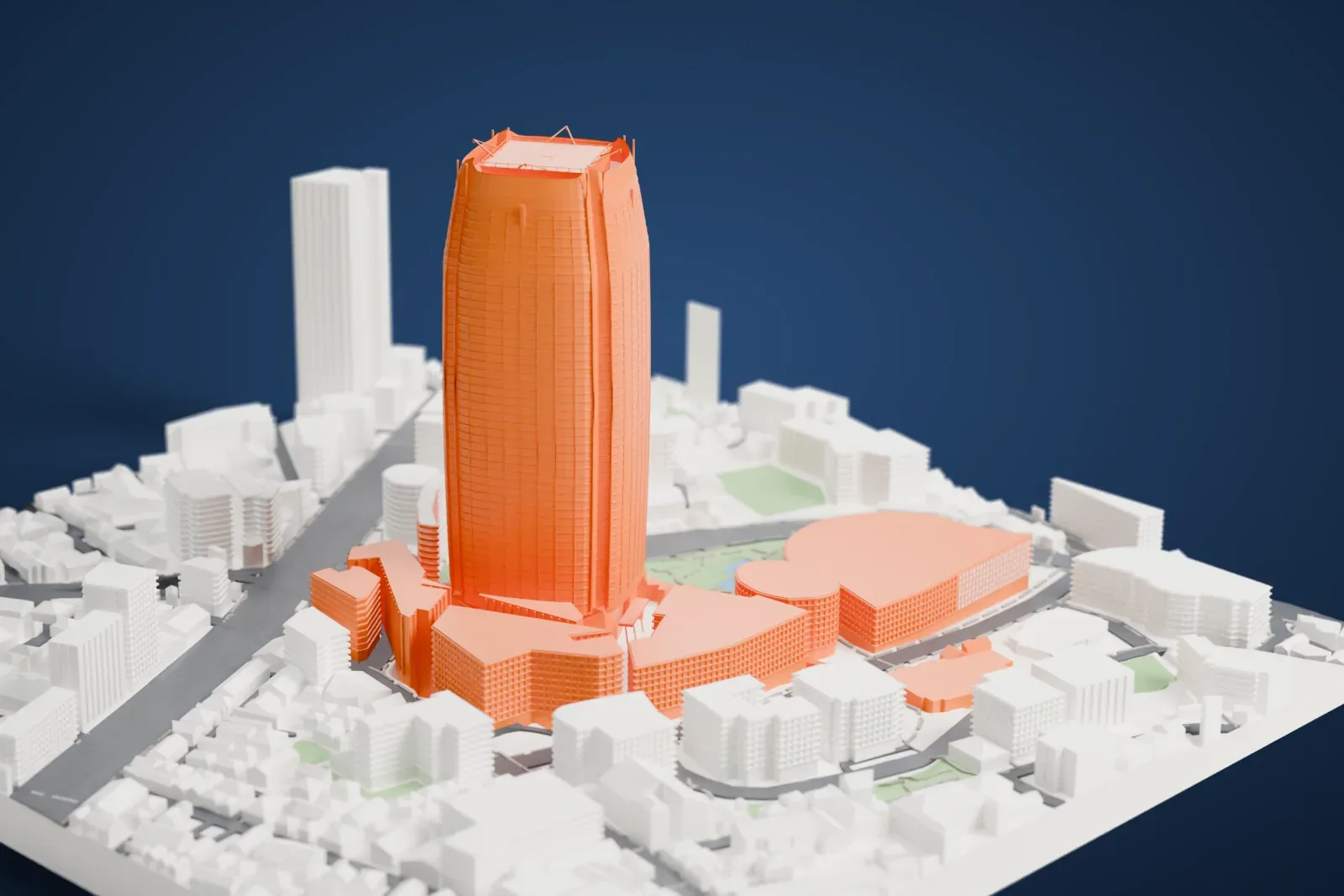 A white 3D print of Roppongi Hills Mori Tower, a tall barrel-shaped tower with a rooftop helipad, rising above dense low buildings, curving roads and small green patches.