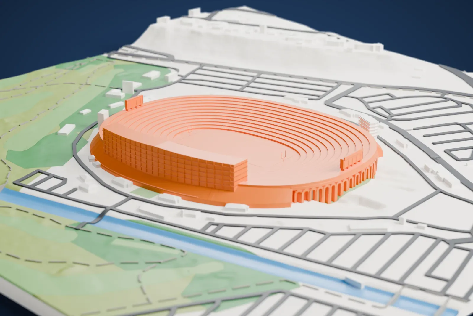 A white 3D print of the Rose Bowl, an oval stadium of many stepped seating tiers with an arched arcade at one end, surrounded by a golf course, a river channel and neighborhood streets.