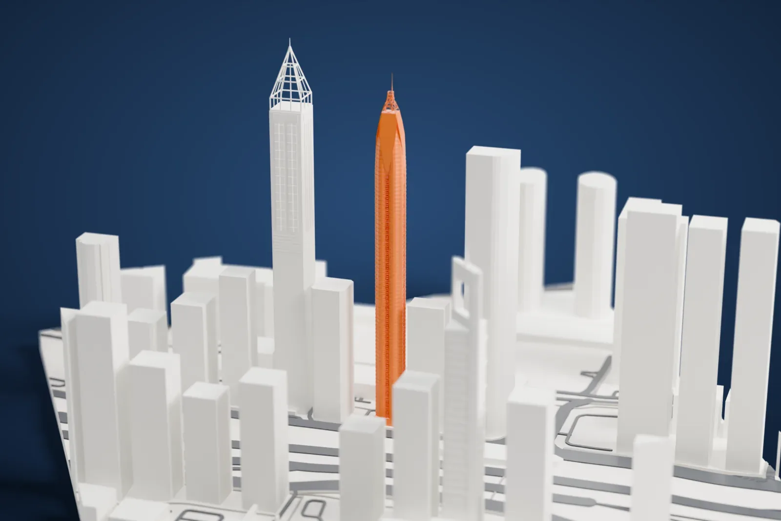A white 3D print of Rose Rayhaan by Rotana standing on Sheikh Zayed Road in Dubai, with surrounding streets and buildings.