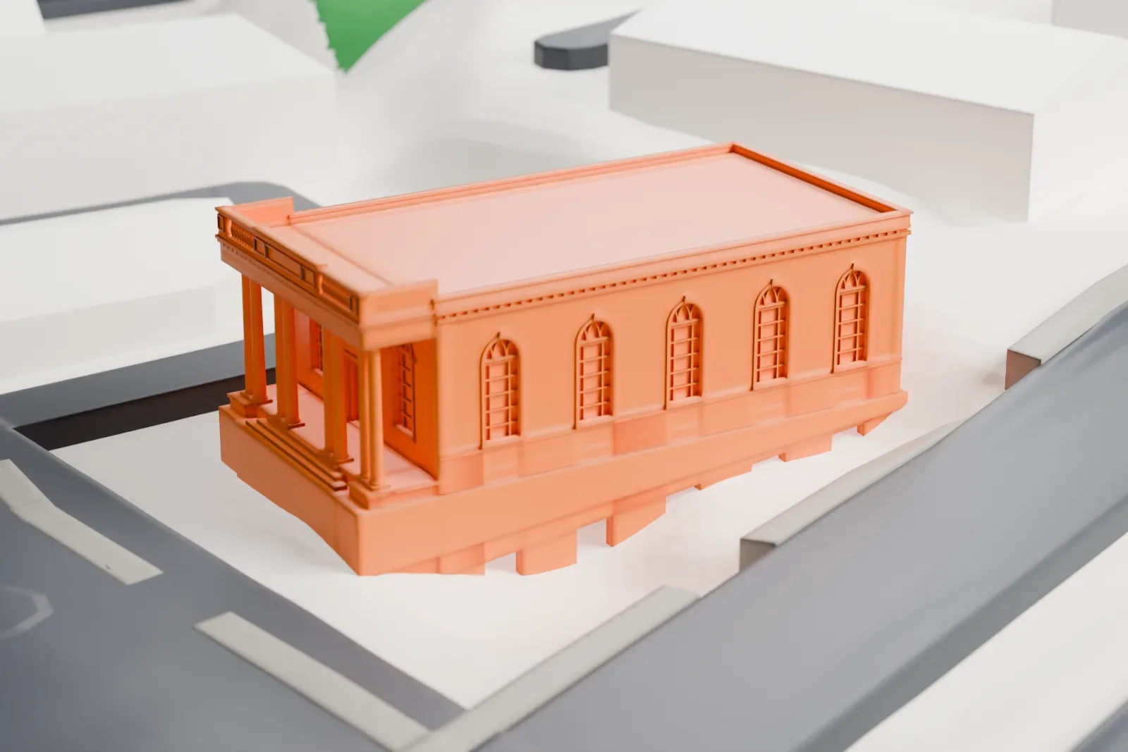 A white 3D print of the Roslyn National Bank and Trust Company Building, a rectangular building with a columned portico and arched windows, beside streets and nearby buildings.