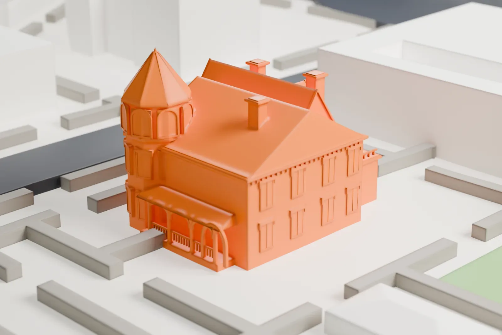 A white 3D print of the Rosson House, a Victorian house with an octagonal turret and a front porch, set among low streets and lots.