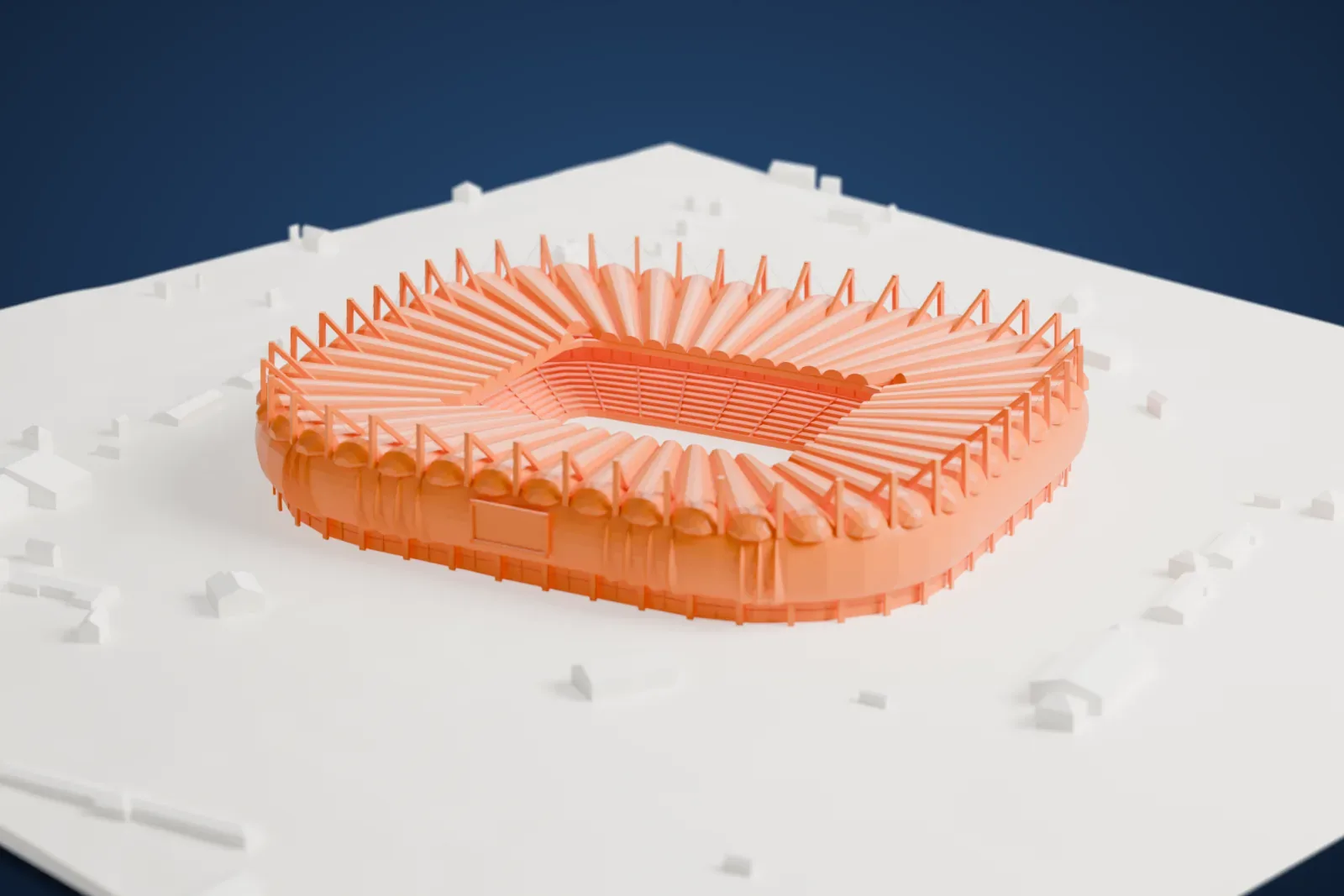 A white 3D print of Rostov Arena, a rounded drum wrapped in a bulging skin, with a pillowed roof and a ring of masts standing round the rim, among the streets and buildings around it.