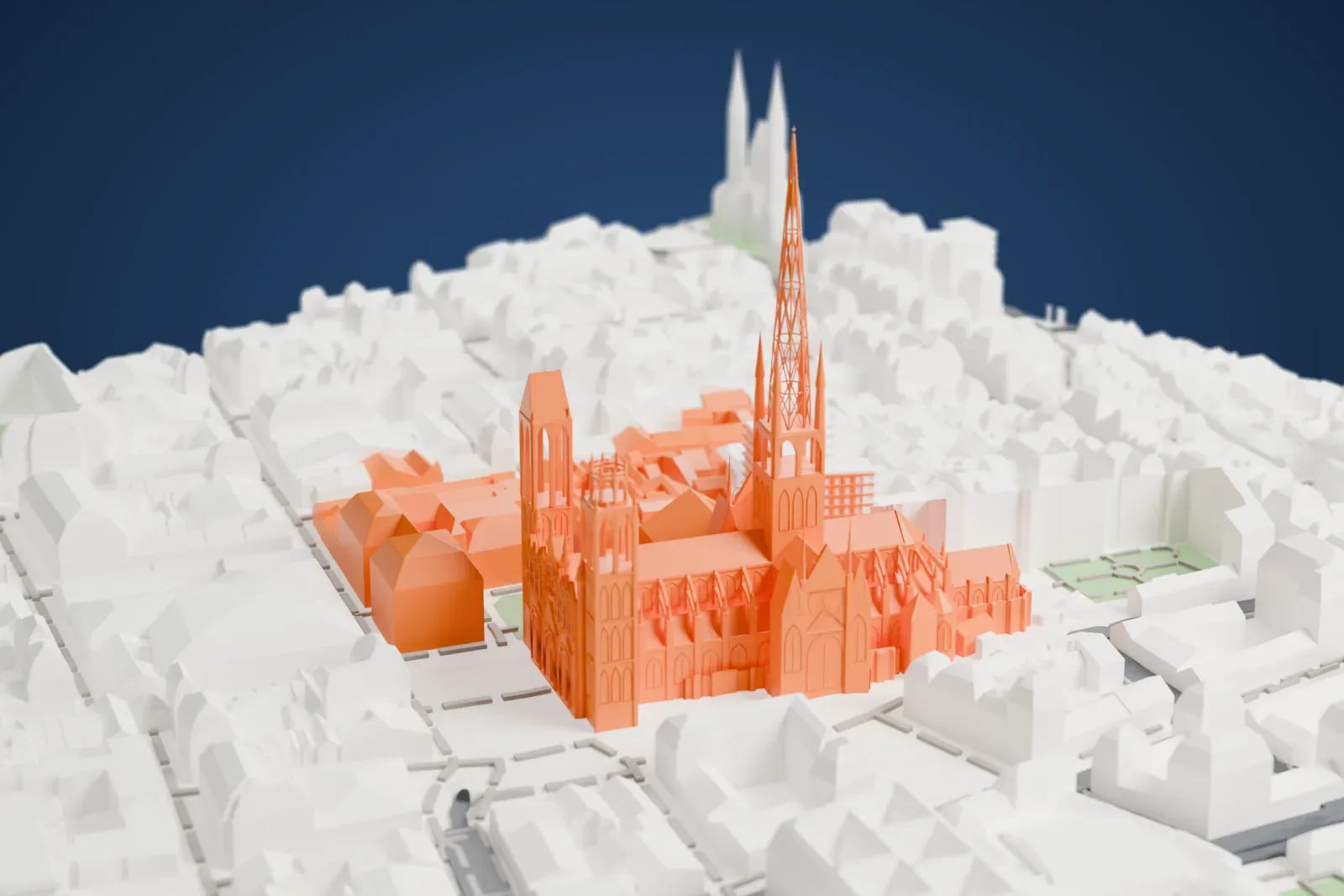 A white 3D print of Rouen Cathedral, a large church with a very tall open lattice spire and towers of different shapes, surrounded by dense city buildings and small patches of green.