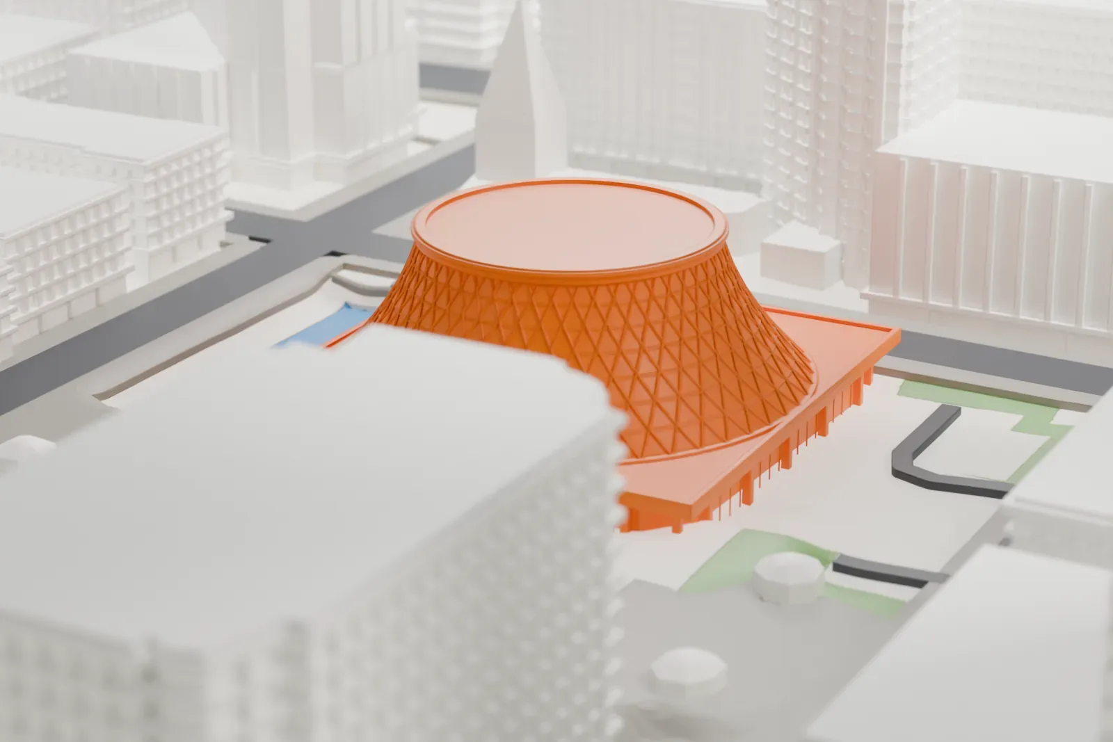 A white 3D print of Roy Thomson Hall among the surrounding streets and buildings of downtown Toronto.