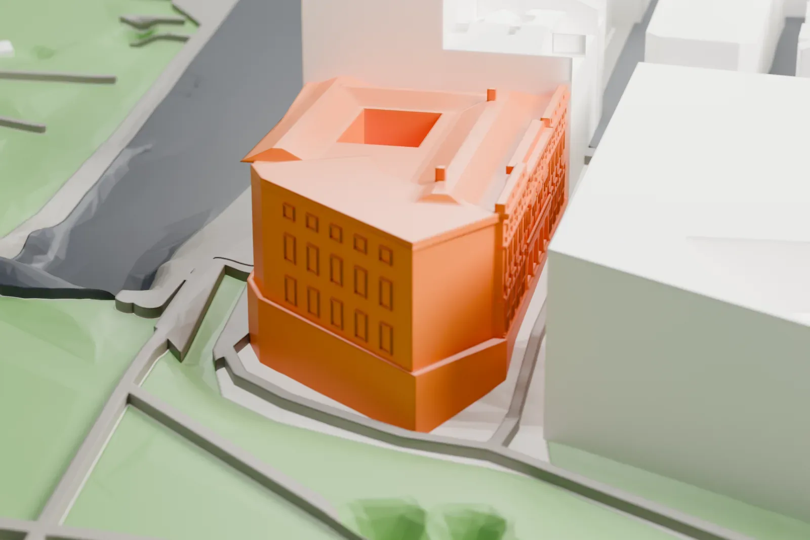 A white 3D print of the Royal Academy of Exact, Physical and Natural Sciences among the streets and buildings of Madrid.