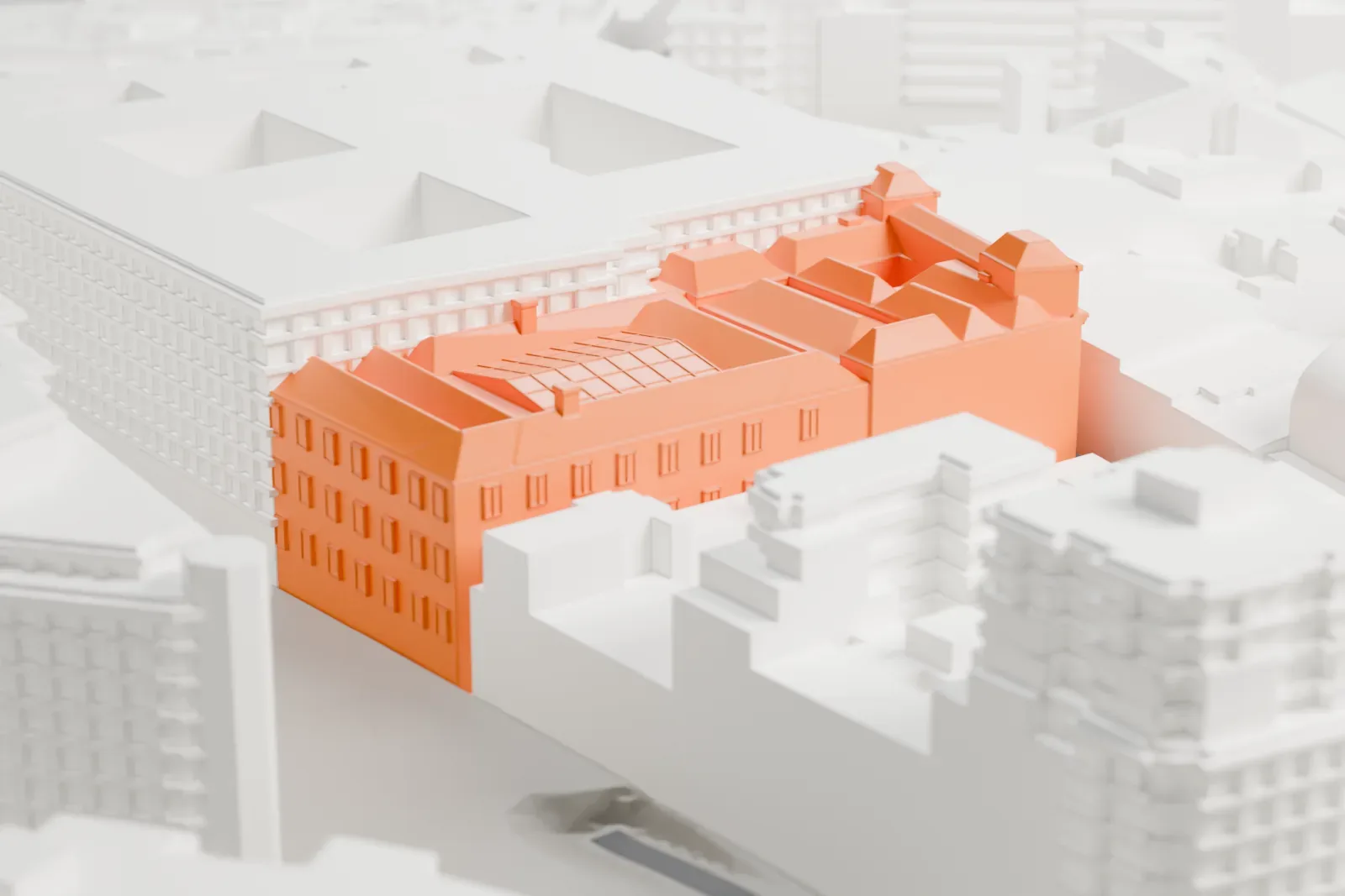 A white 3D print of the Royal Academy of Fine Arts of San Fernando among the surrounding streets and buildings.