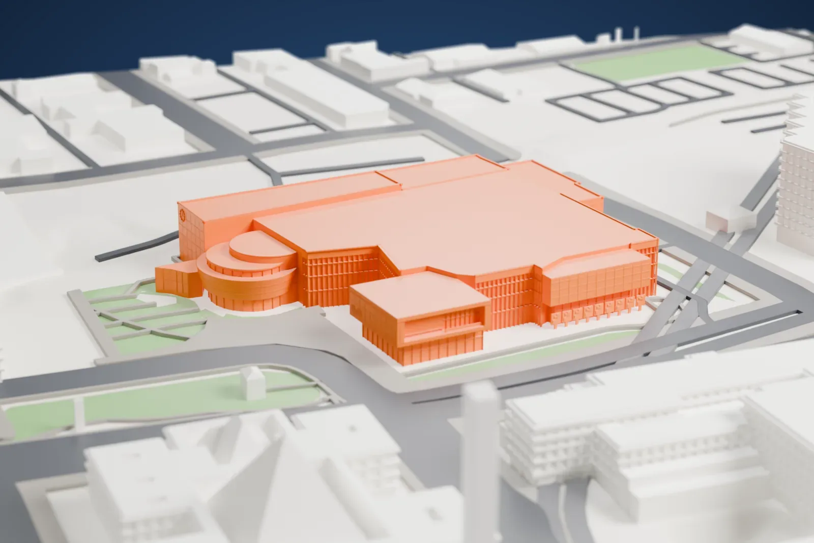 A white 3D print of the Royal Alberta Museum with the surrounding streets and buildings of downtown Edmonton.