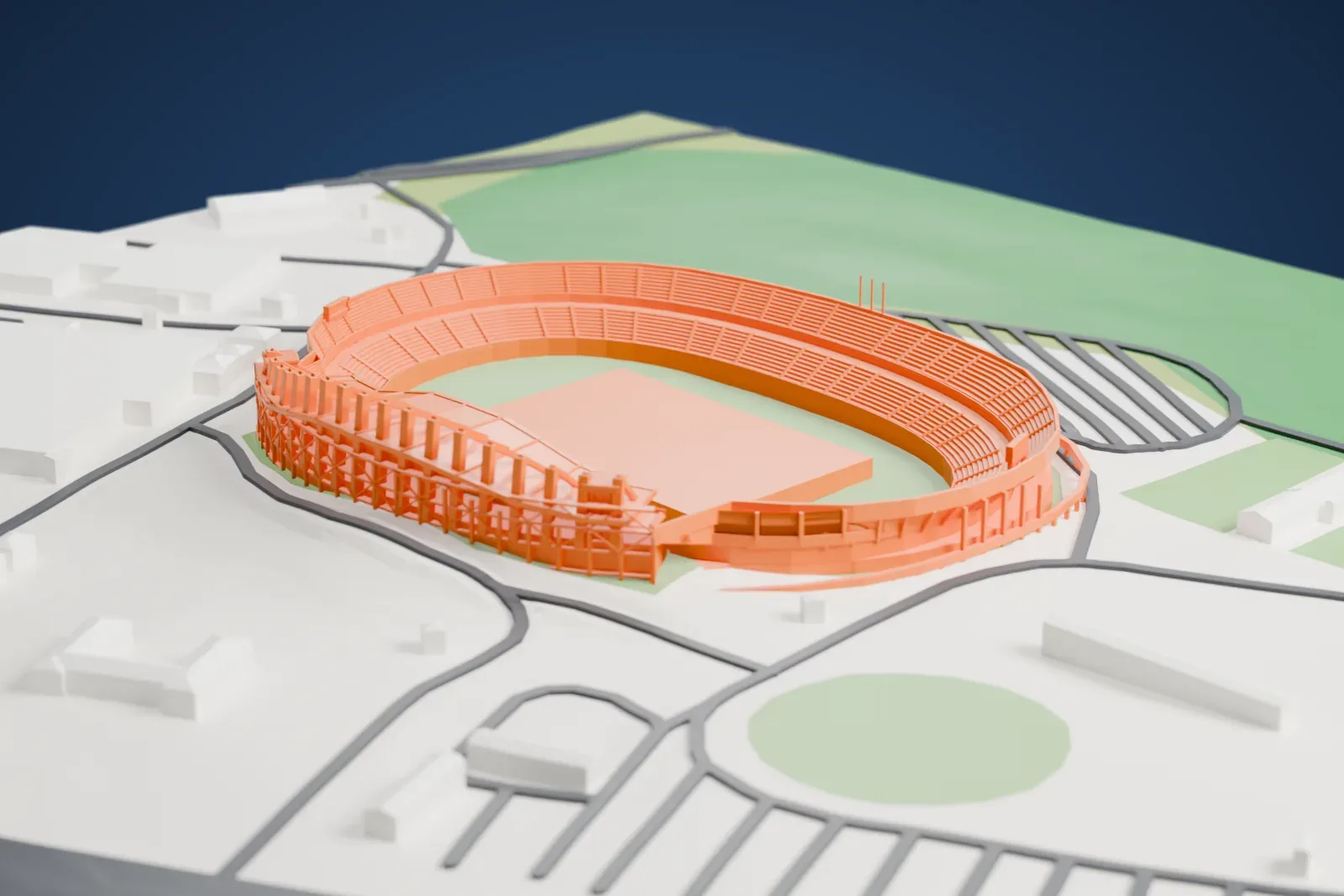 A white 3D print of the Royal Bafokeng Stadium, its covered west stand crowned by a row of raking masts above an open two-tier oval bowl, among the surrounding streets and buildings.