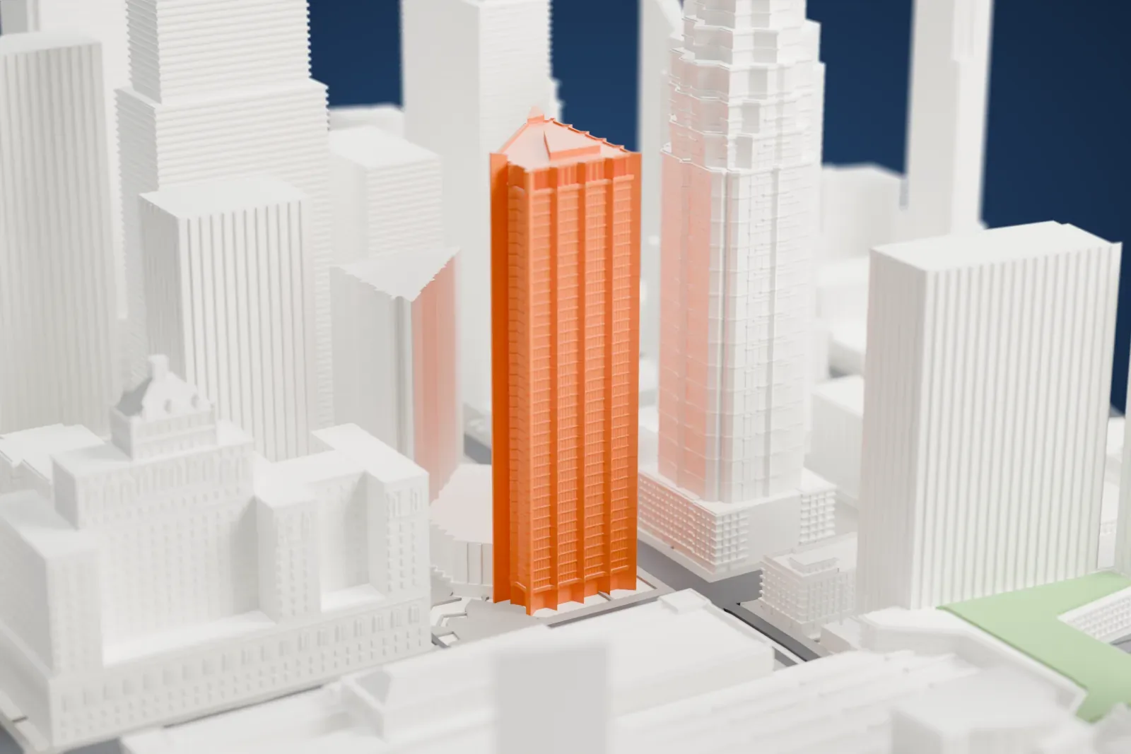 A white 3D print of Royal Bank Plaza, two towers of different heights, among the surrounding streets and buildings.