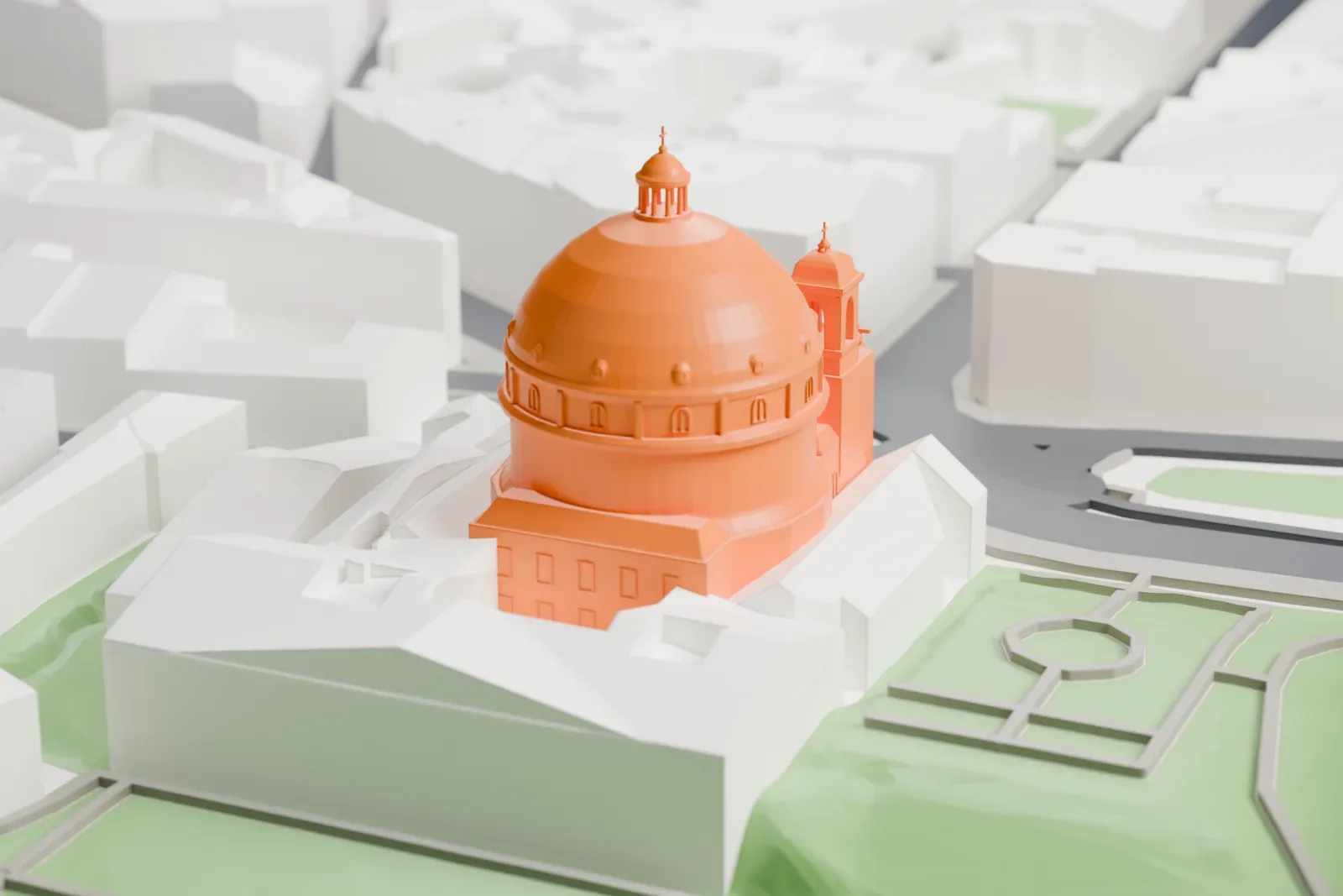 A white 3D print of the Royal Basilica of Saint Francis the Great, its dome rising above the surrounding streets and buildings.