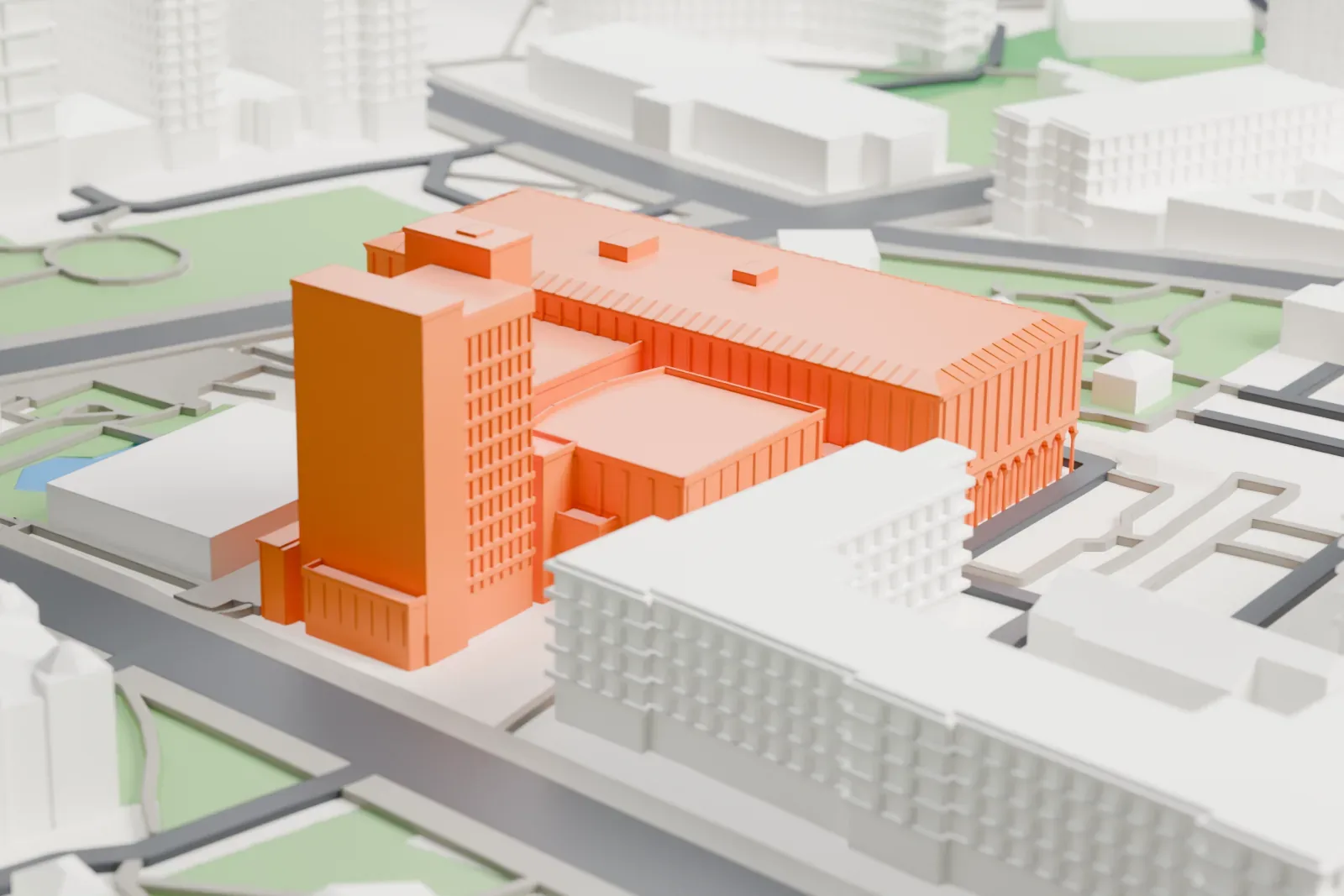 A white 3D print of the Royal British Columbia Museum among the surrounding streets and buildings.