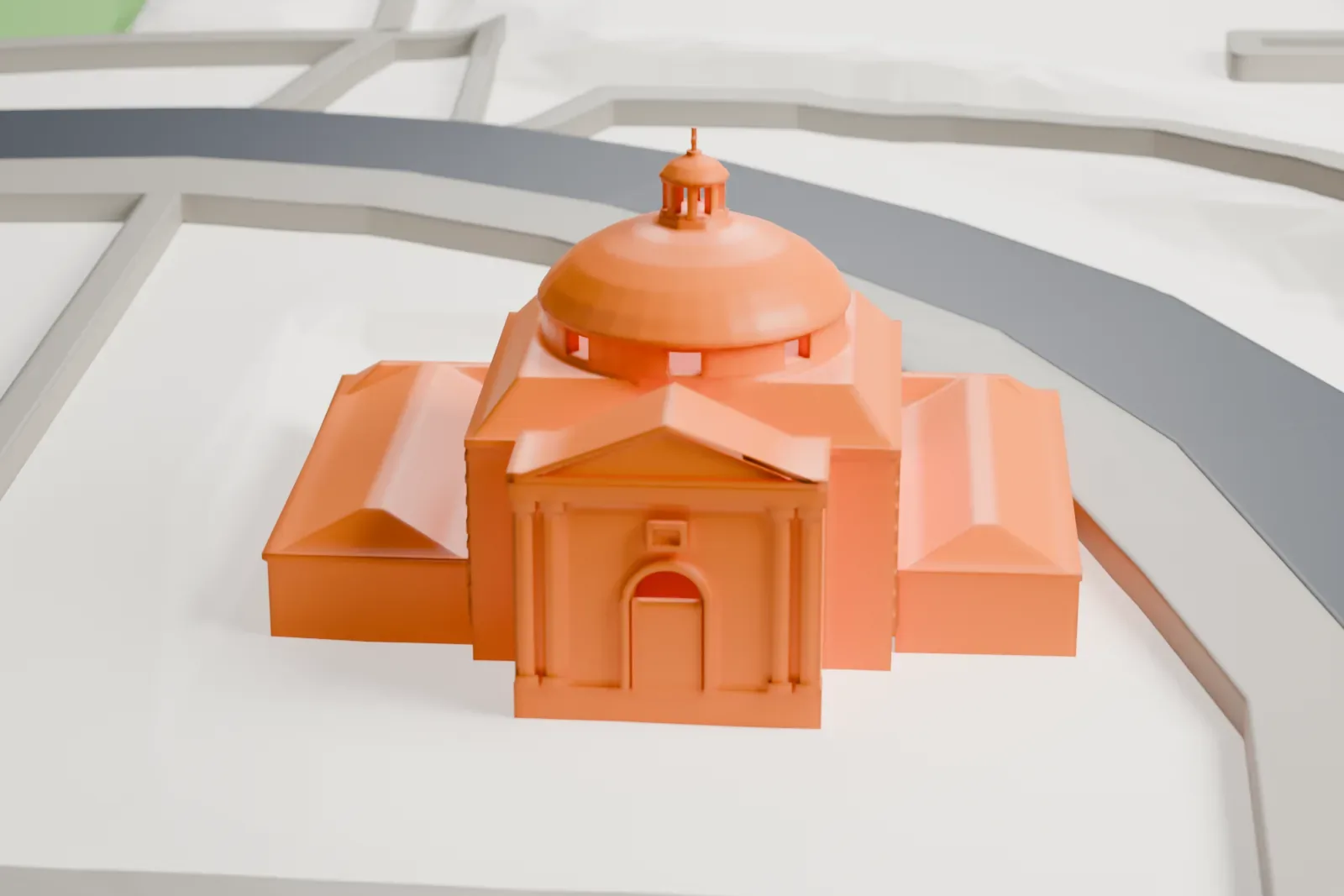 A white 3D print of the Royal Chapel of St. Anthony of La Florida in central Madrid, with surrounding streets and buildings.