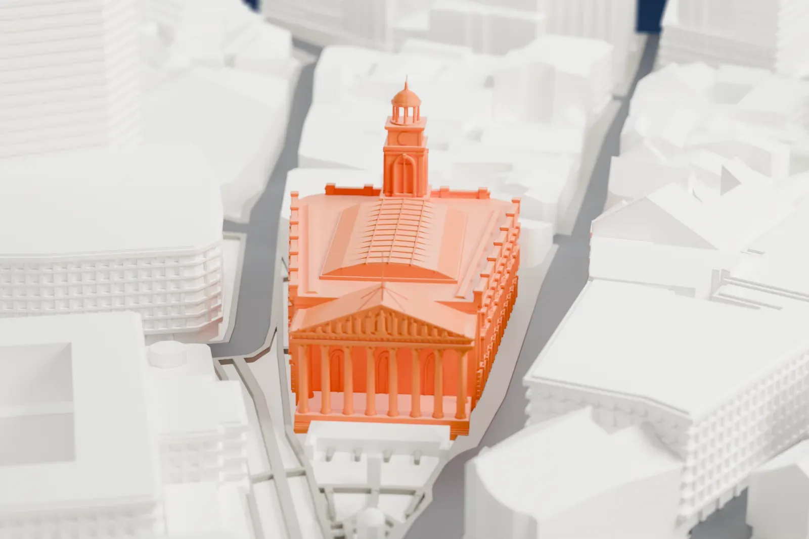 A white 3D print of the Royal Exchange in London, with the surrounding streets and buildings.