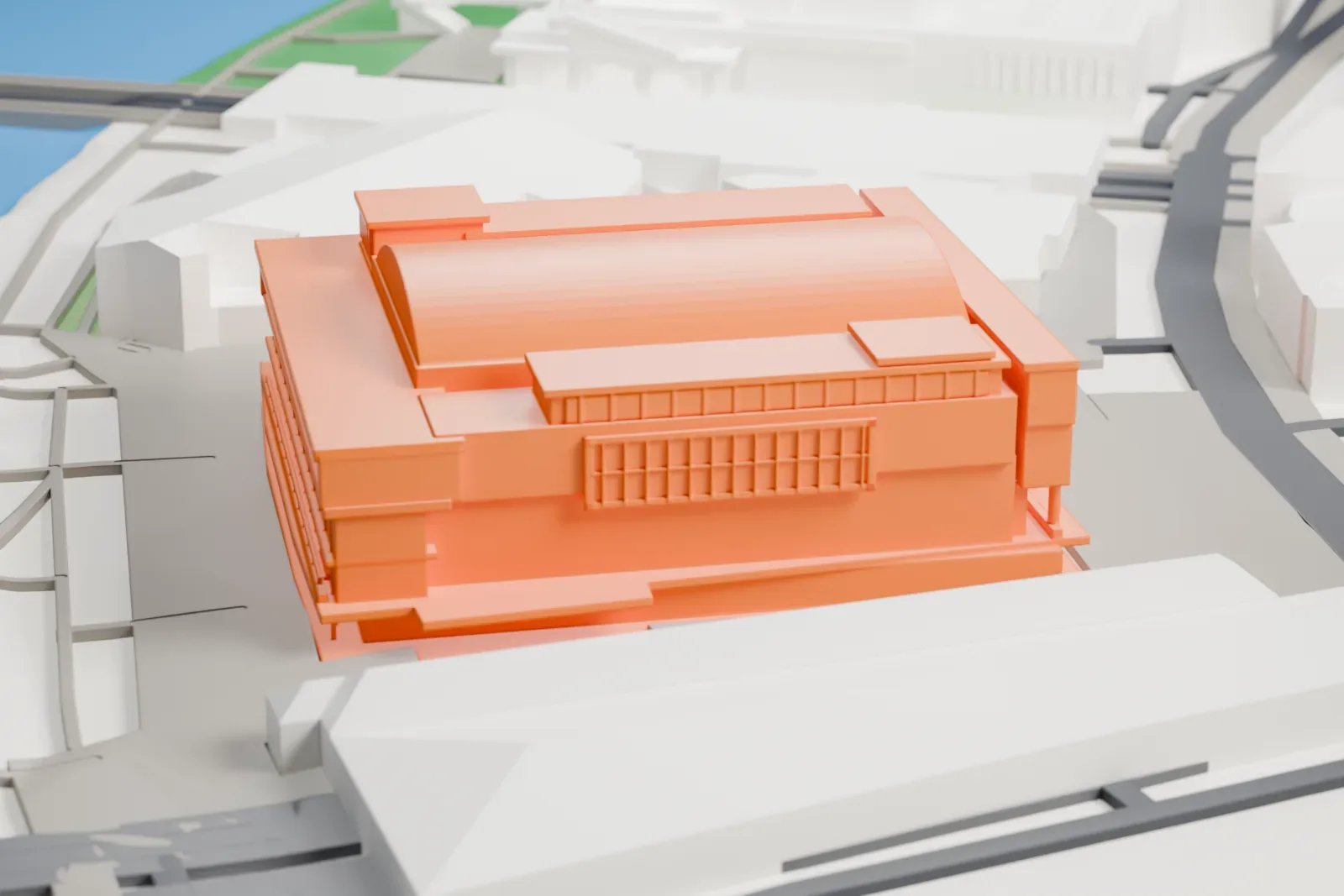A white 3D print of the Royal Festival Hall on London's South Bank, with the surrounding streets and buildings of London around it.