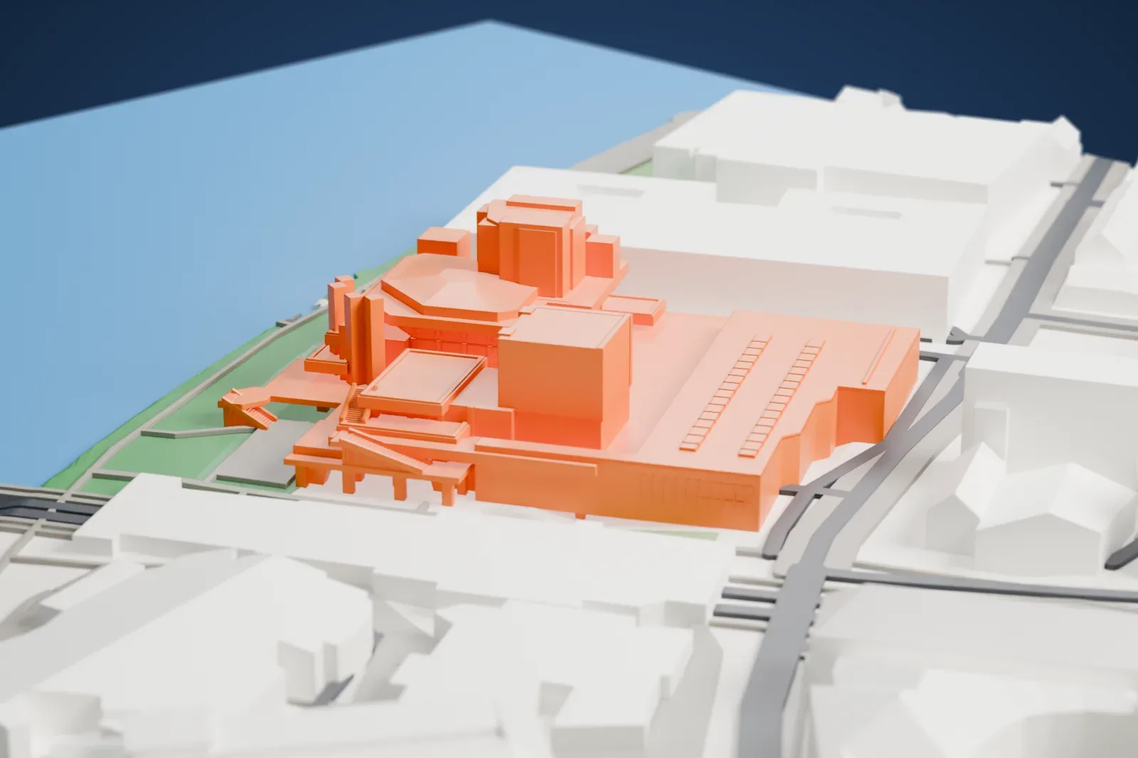 A white 3D print of the Royal National Theatre on the South Bank, with the Thames and the surrounding buildings beside it.