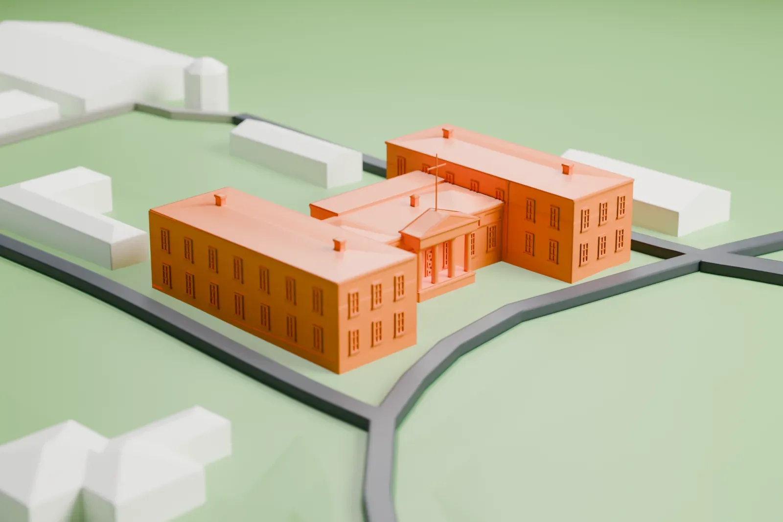 A white 3D print of the Royal Observatory, Cape of Good Hope, a long building with two wings and a central entrance, on open grounds with roads around it.