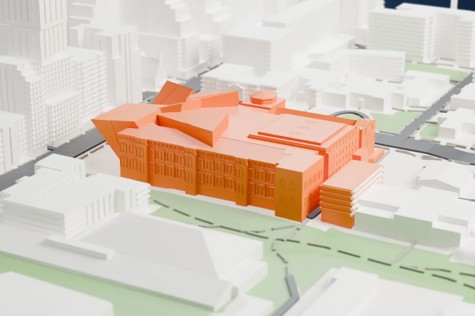A white 3D print of the Royal Ontario Museum, a long heritage building with rows of arched windows and a small domed rotunda, joined to angular, faceted crystal-shaped volumes, among tall buildings, streets and a green park.