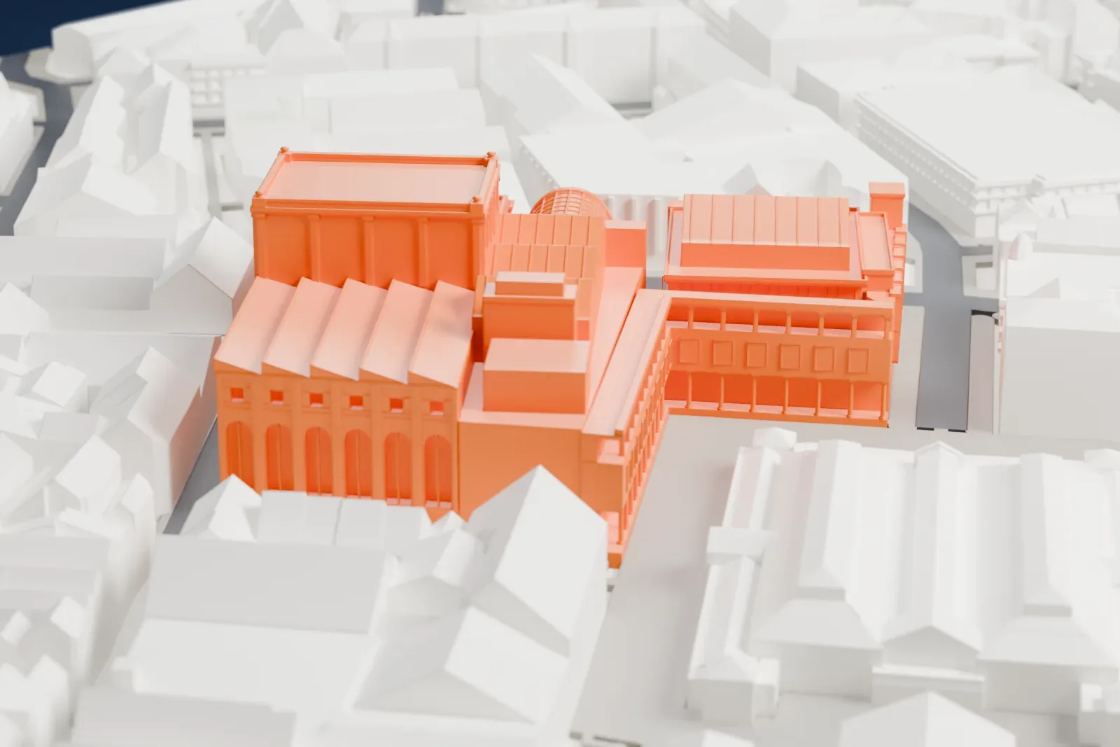 A white 3D print of the Royal Opera House in Covent Garden, London, shown among the surrounding streets and buildings.
