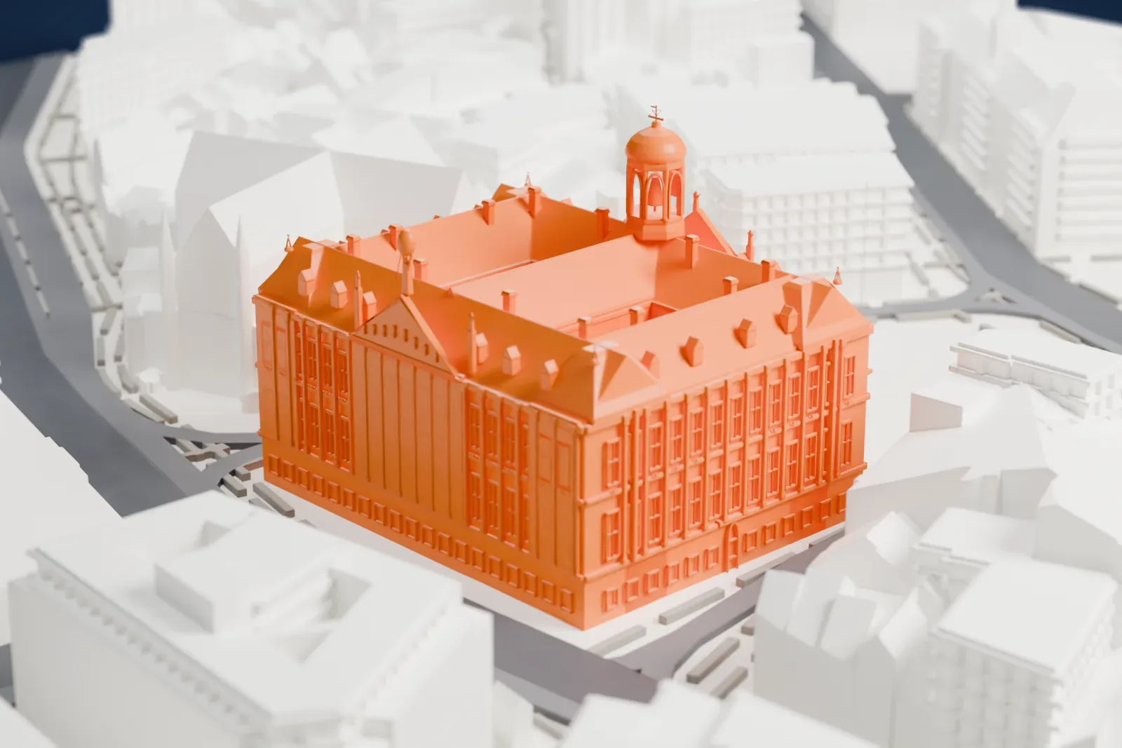 A white 3D print of the Royal Palace of Amsterdam, a large rectangular building with pitched roofs, a domed cupola and a pedimented front, surrounded by city buildings, a square, streets and a canal.