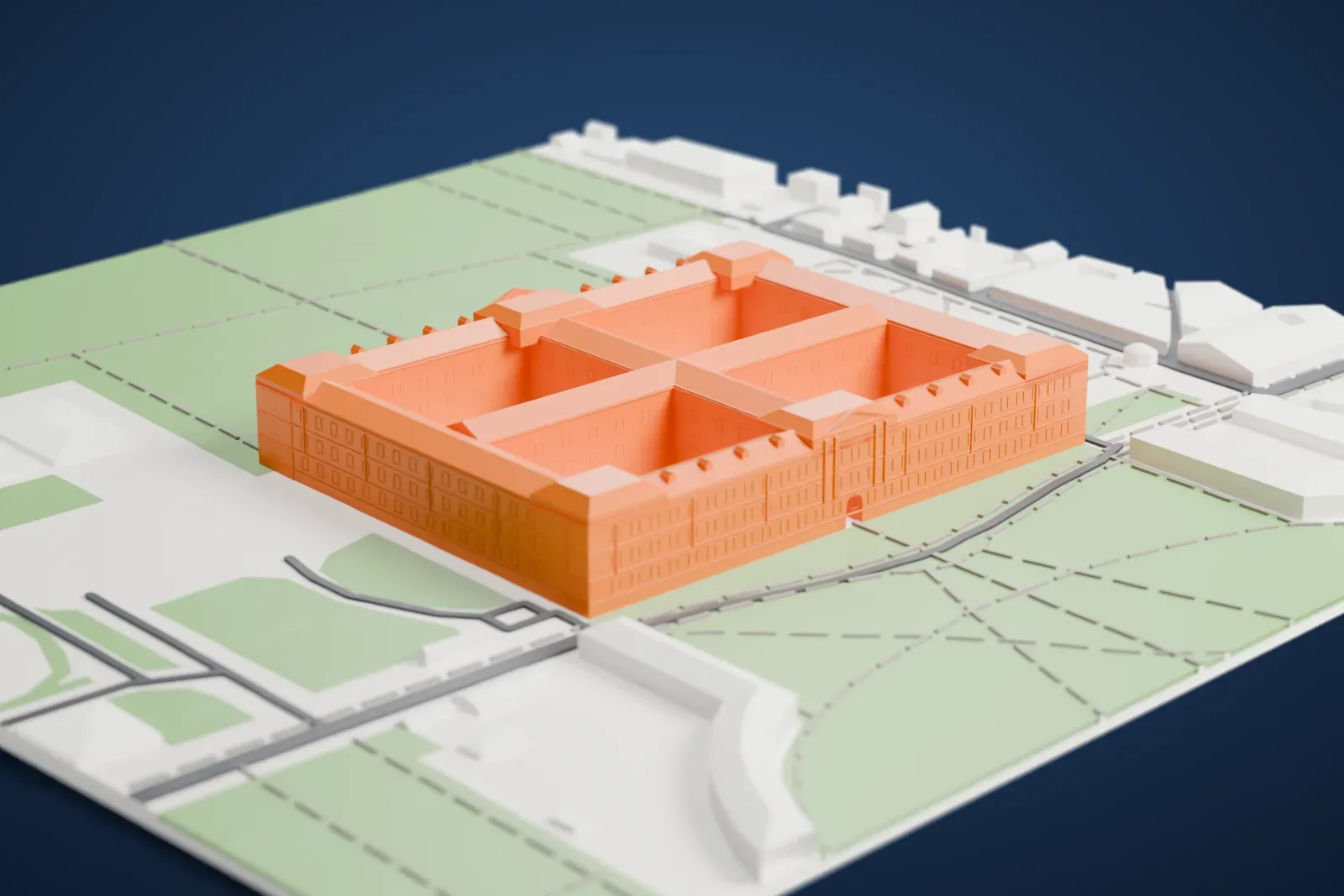 A white 3D print of the Royal Palace of Caserta, a large rectangular palace with four inner courts divided by a cross of wings, set among wide lawns, avenues and a few small buildings.
