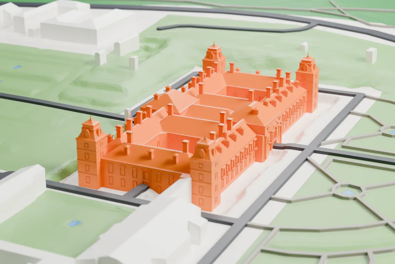 A white 3D print of the Royal Palace of El Pardo, a building mass on its footprint, with surrounding buildings and grounds near Madrid.