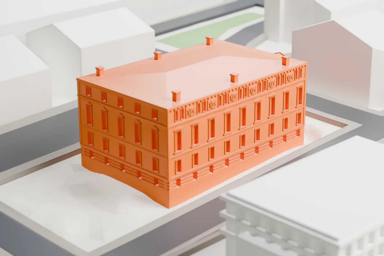 A white 3D print of the Royal Spanish Academy in Madrid, with the surrounding streets and buildings around it.