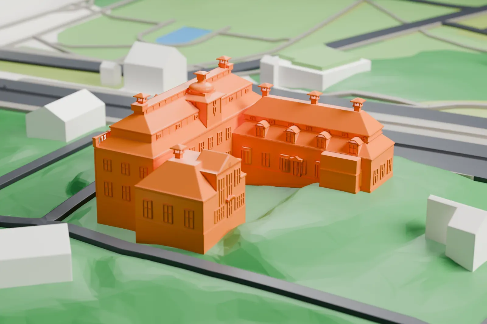 A white 3D print of the Royal Swedish Academy of Sciences, with its columned portico and copper-roofed tower, standing among surrounding buildings.