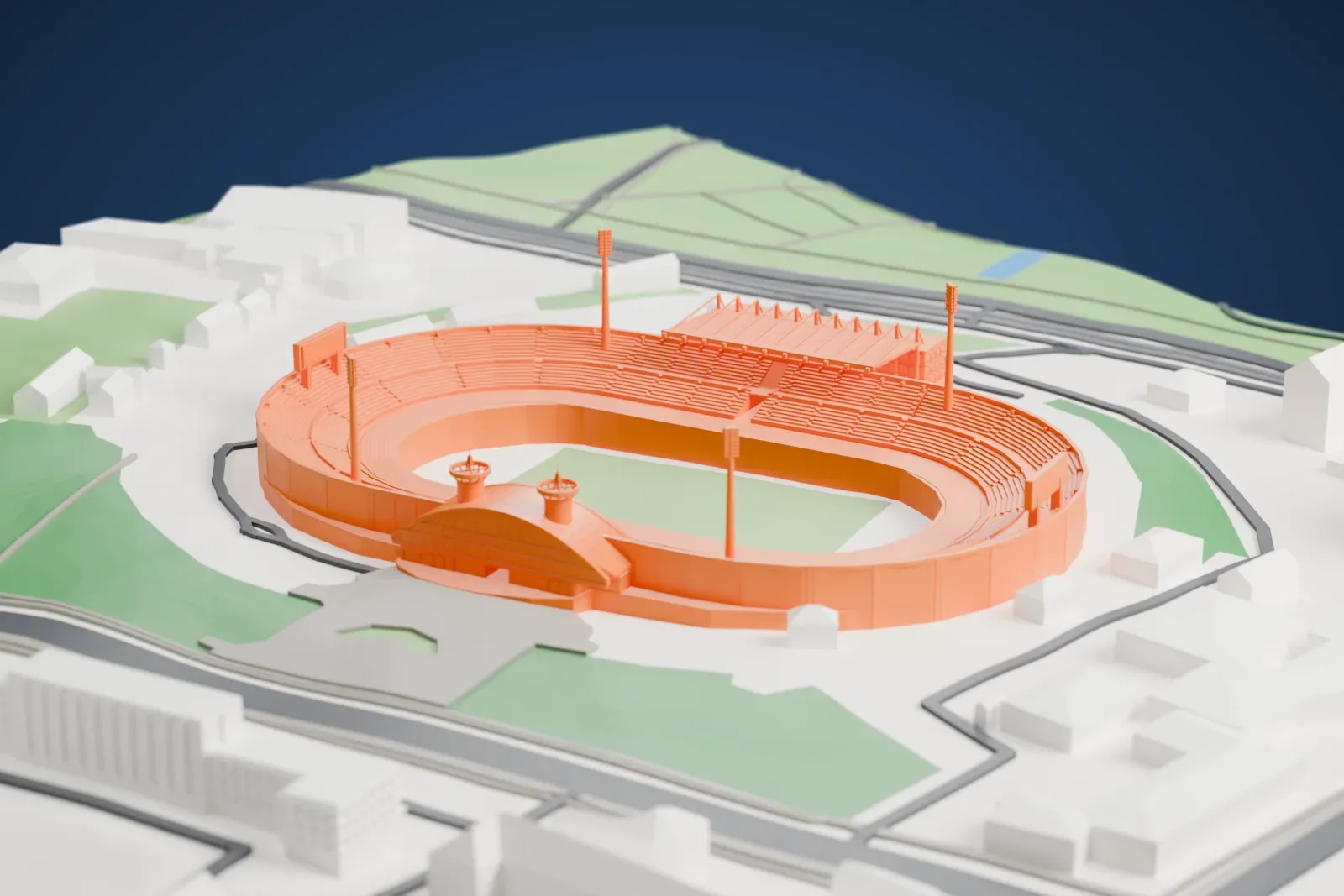 A white 3D print of RSC Olimpiyskiy, an oval stadium with tiered stands, a covered pavilion on one side and tall floodlight masts, among surrounding roads and open ground.