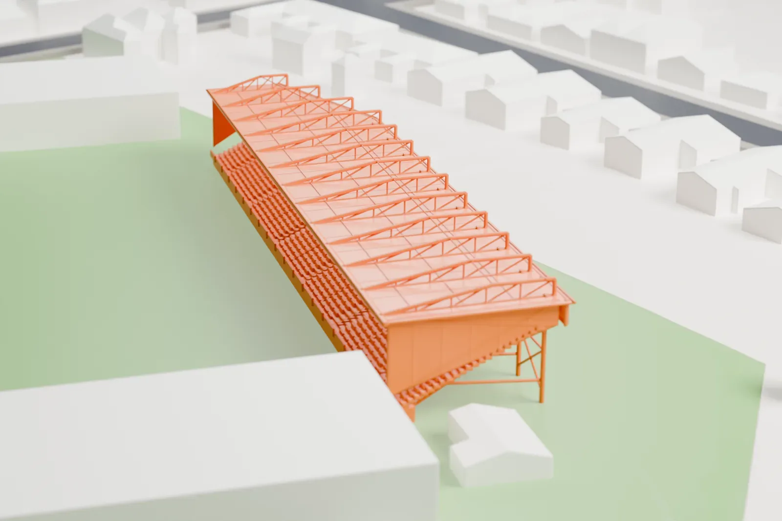 A white 3D print of Rugby Park's East Stand, a long stand under a thin cantilever roof with exposed steel frames, among the streets and buildings of Kilmarnock.