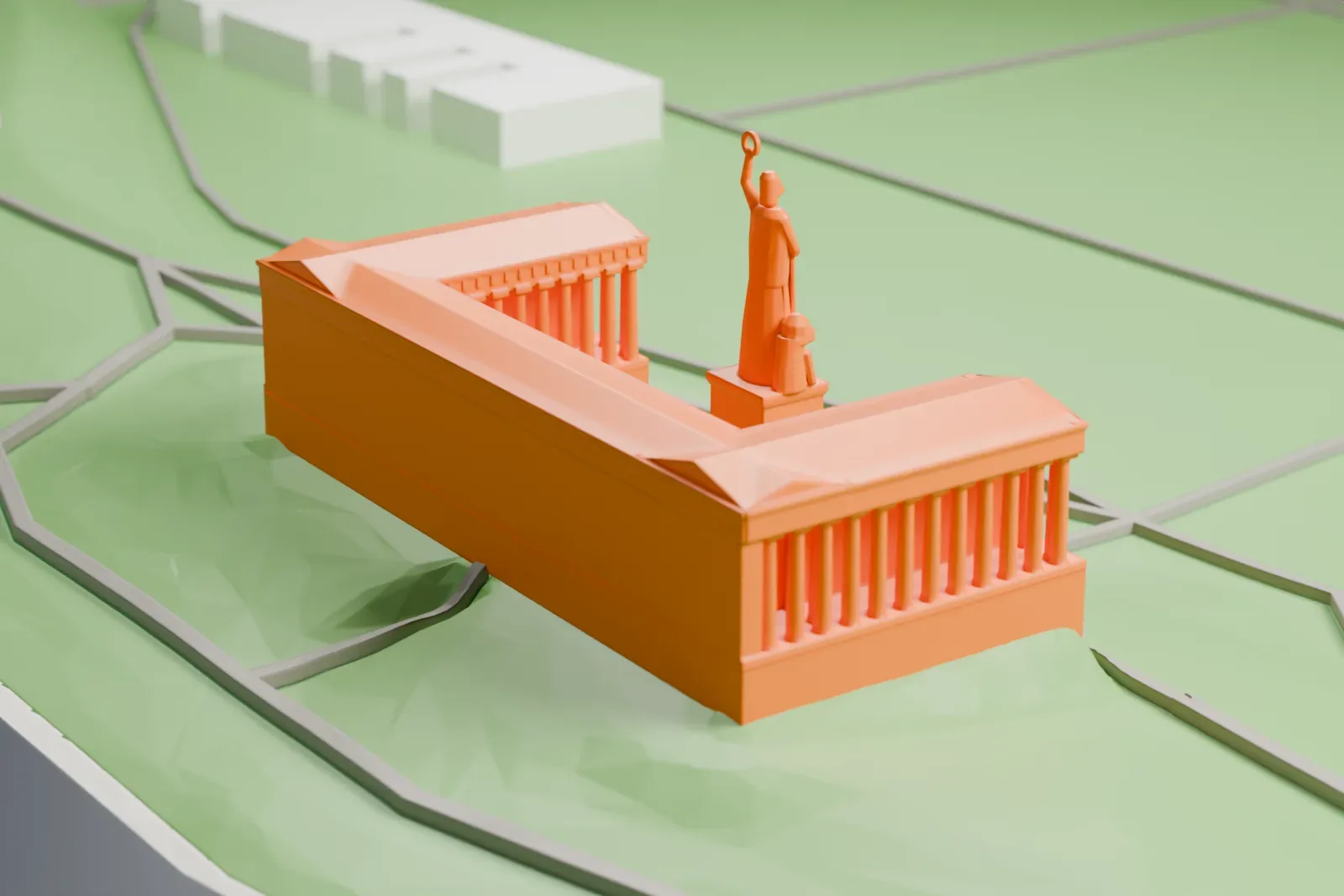 A white 3D print of the Ruhmeshalle, a long Doric colonnade above the Theresienwiese in Munich, with the surrounding park and buildings.