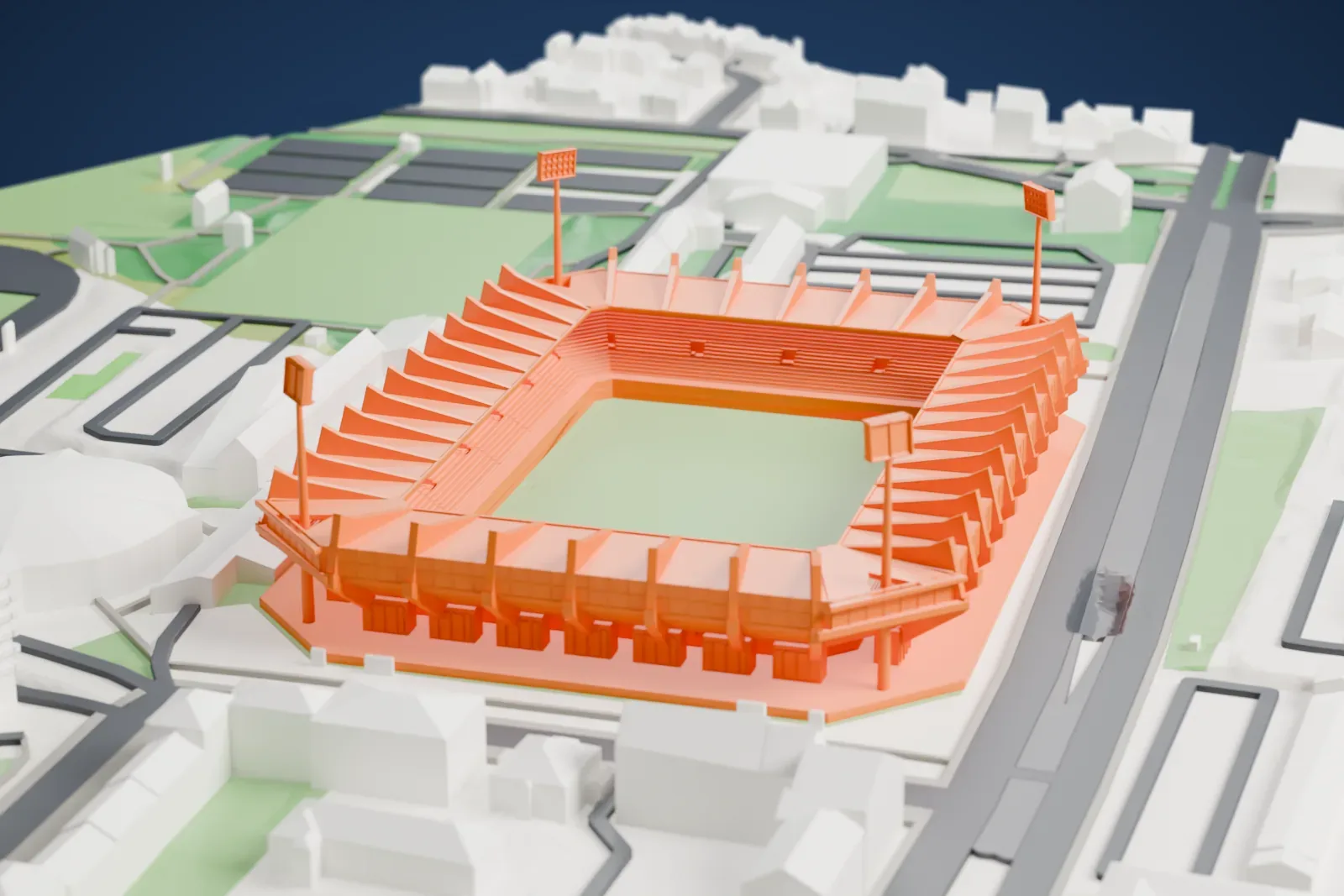 A white 3D print of Ruhrstadion, a single-tier football bowl with exposed roof supports and four tall floodlights, among the surrounding city.